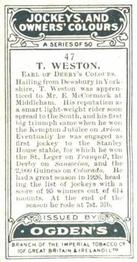 1927 Ogden's Jockeys and Owners' Colours #47 T. Weston Back